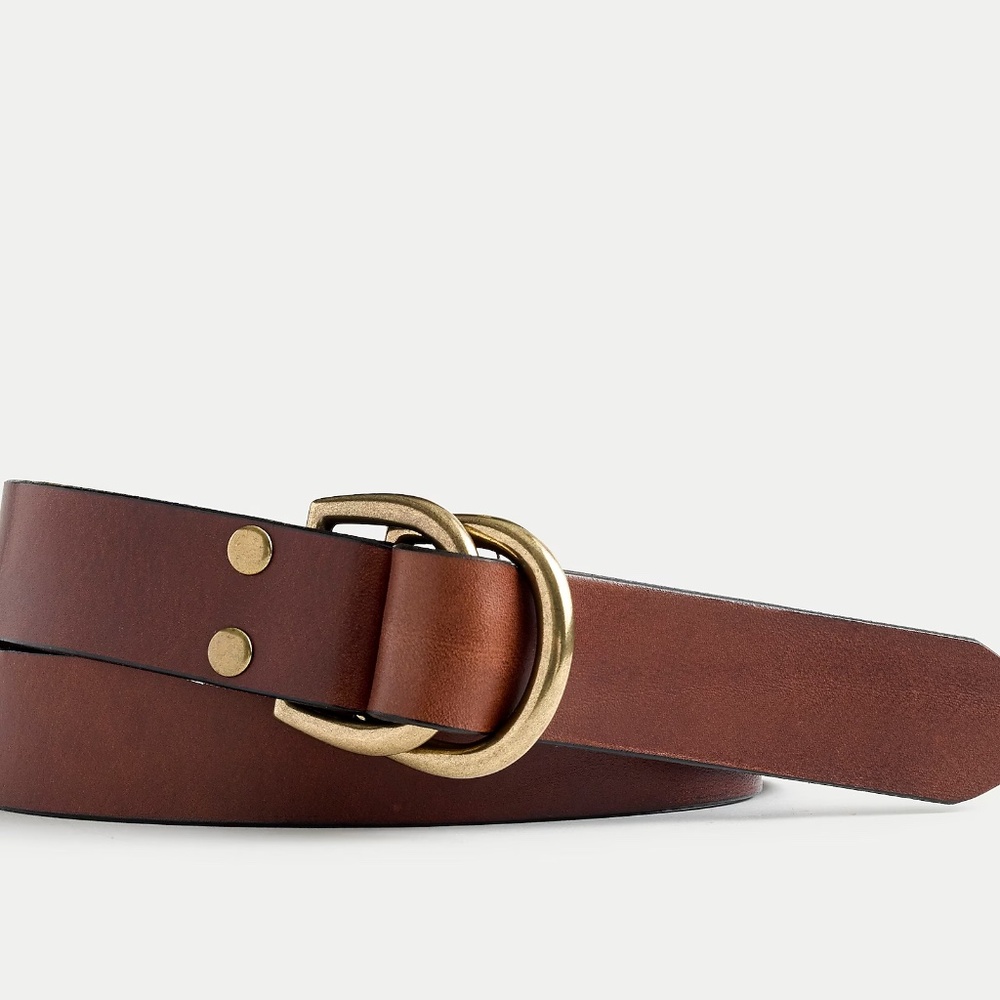 J. Crew Brown Leather Belt with Antiqued Brass Double-Ring Buckle